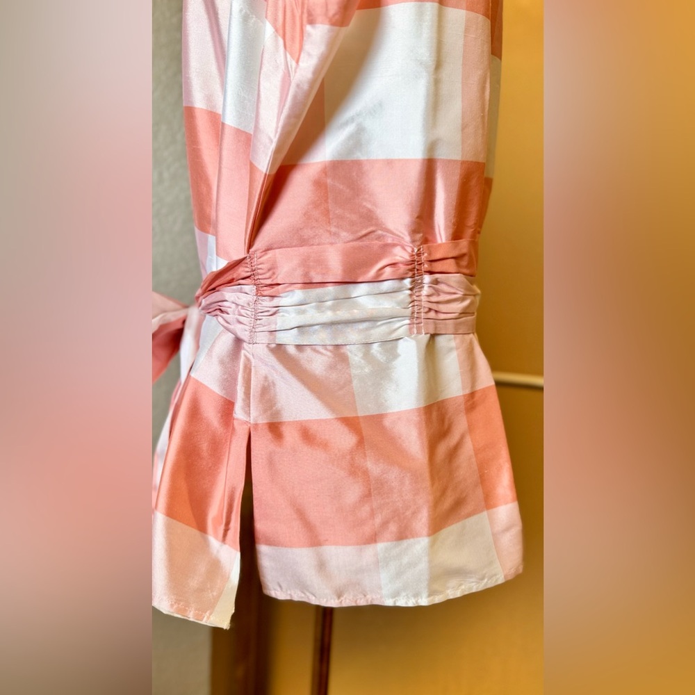 SARA CAMPBELL Silk Peach Plaid Bow Sash Tie Waist Sleeveless Blouse Fully Lined - Picture 6 of 16
